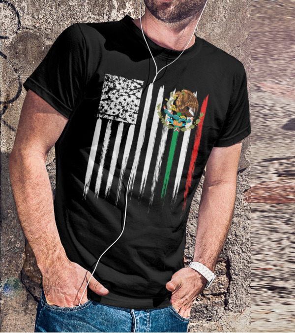 Mexican American Flag With Eagle And Serpent Symbol On Distressed Stripes T-Shirt