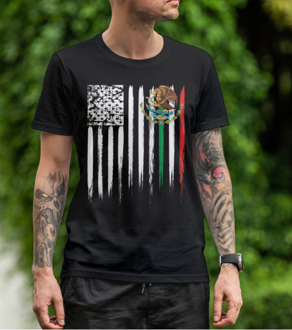 Mexican American Flag With Eagle And Serpent Symbol On Distressed Stripes T-Shirt