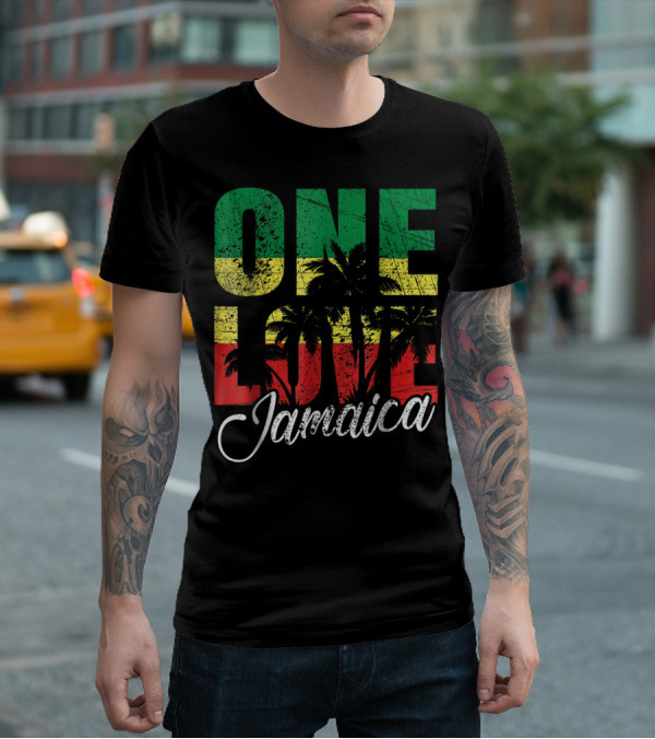 One Love Jamaica Caribbean Vacation Reggae Colors Palm Trees T-Shirt