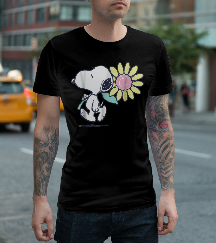 Peanuts Snoopy Walking with Pink Daisy Flower T-Shirt