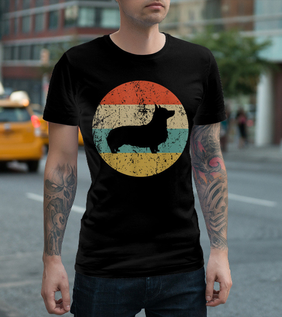 Pembroke Welsh Corgi Silhouette Retro Stripes Vintage Corgi T-Shirt