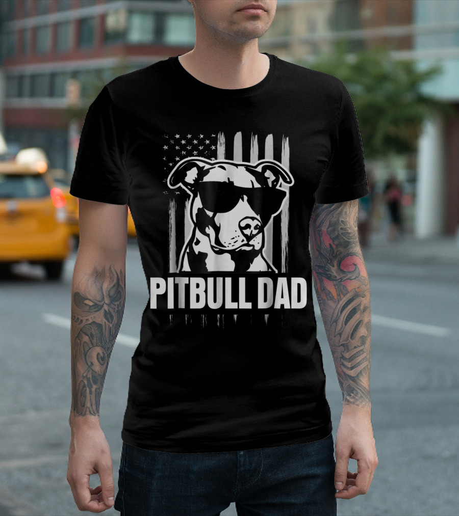 Pitbull Dad Mens Proud American Pit Bull Dog with Sunglasses and Flag T-Shirt