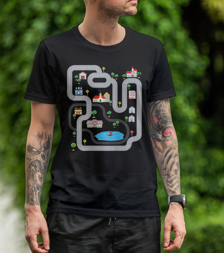 Playmat Road With Train Track And Car Race Route Through Town T-Shirt