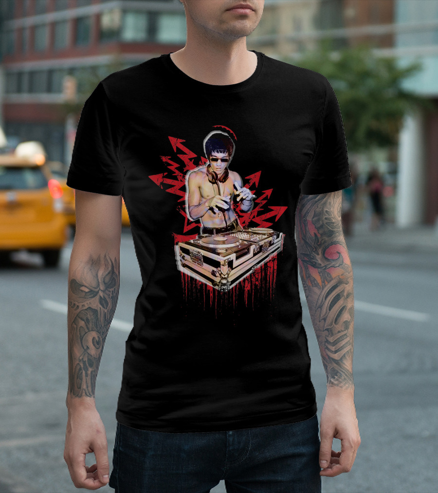 Psycho Bruce Dj Mixing Beats with Red Arrow Background T-Shirt