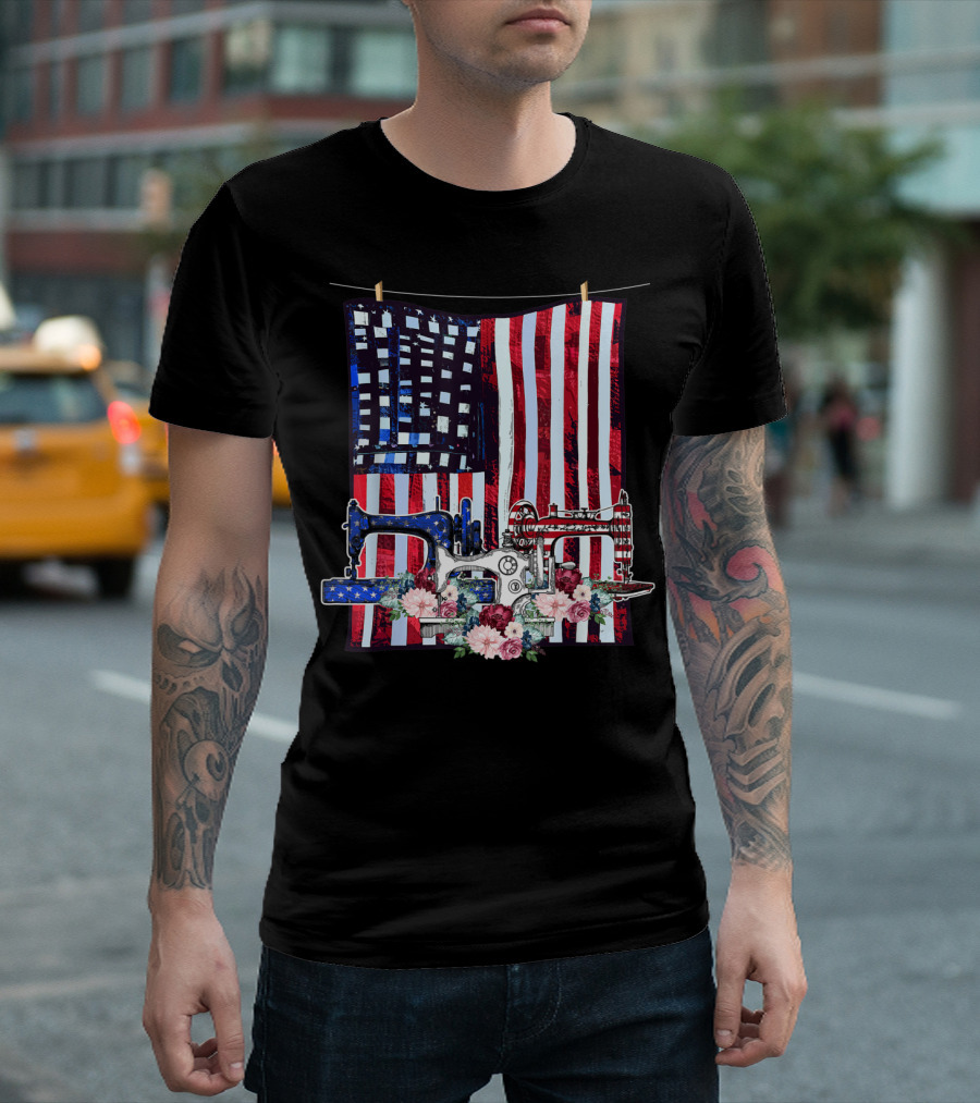 American Quilting Sewing Machines USA Flag Floral T-Shirt
