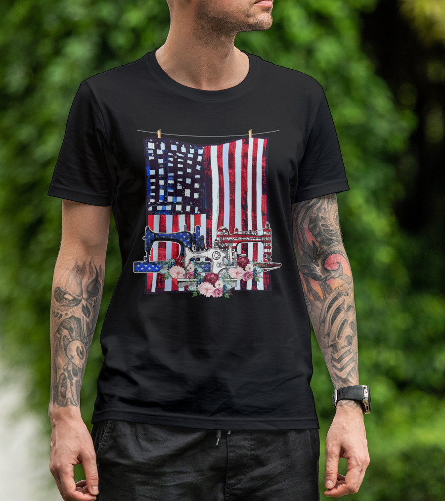 American Quilting Sewing Machines USA Flag Floral T-Shirt