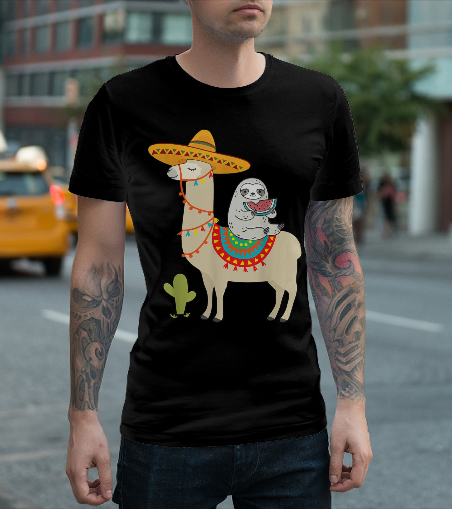 Cinco De Mayo Sloth Riding Llama Fiesta With Sombrero and Cactus T-Shirt