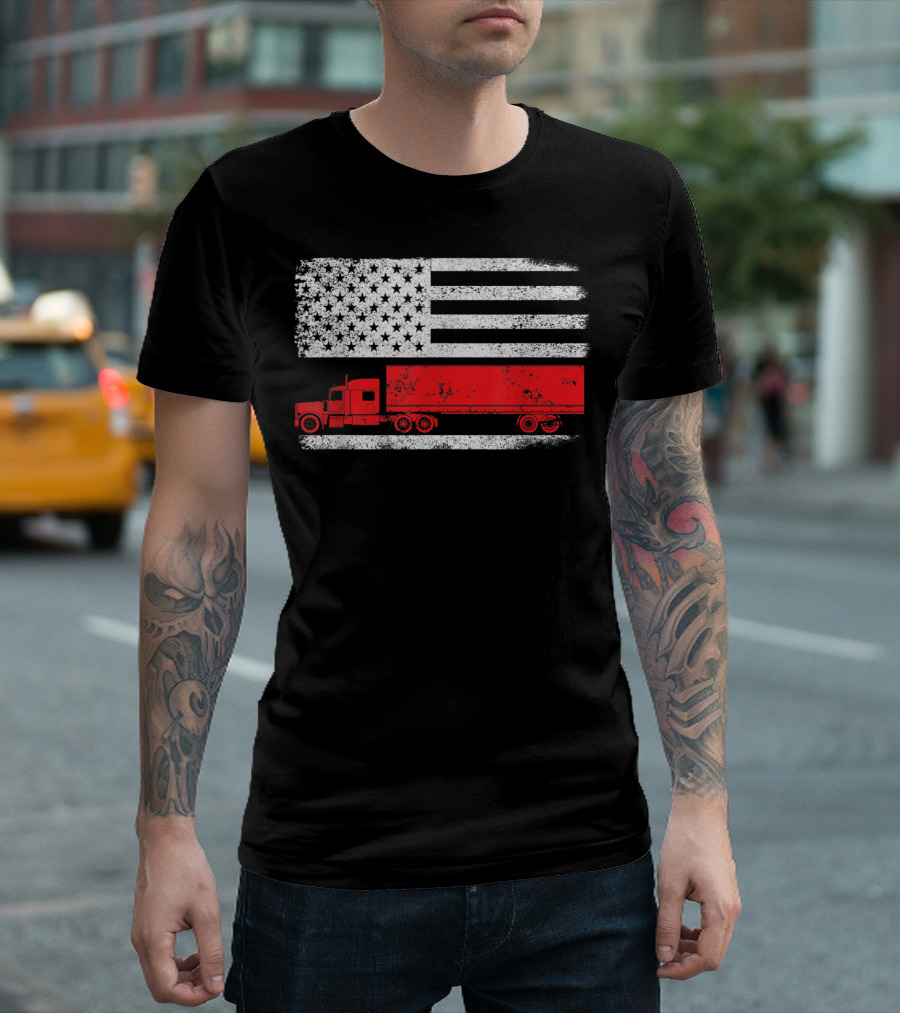 USA Flag American Trucker Red Semi Truck T-Shirt