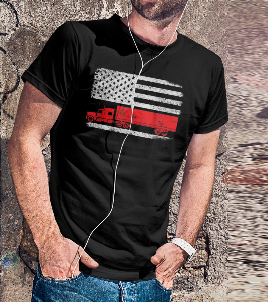 USA Flag American Trucker Red Semi Truck T-Shirt