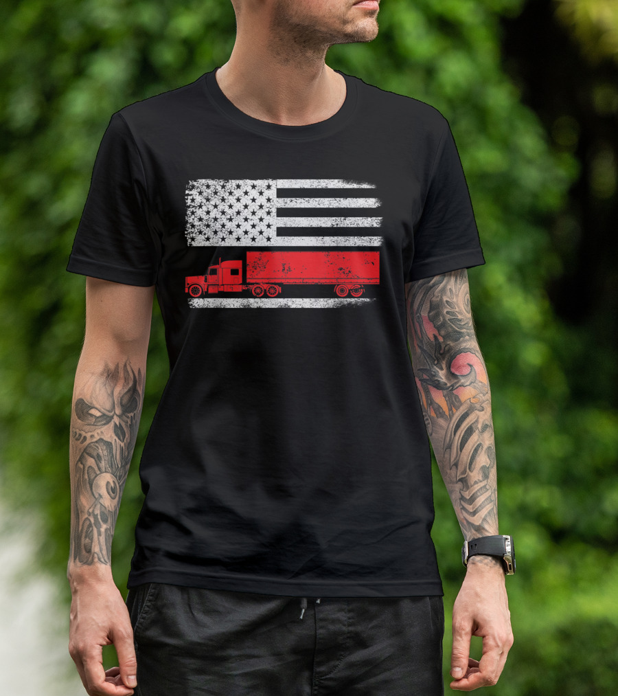 USA Flag American Trucker Red Semi Truck T-Shirt