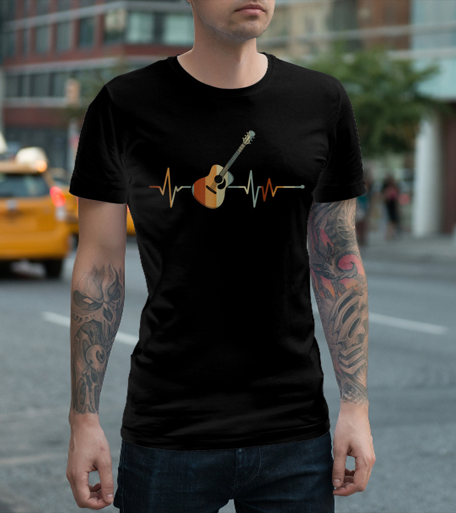 Vintage Acoustic Guitar Heartbeat Music T-Shirt