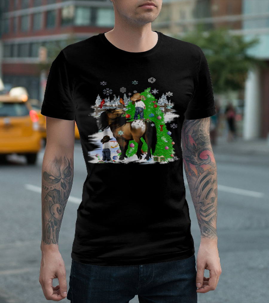 Holiday Cowboy Christmas Scene With Horse Snowflakes And Tree T-Shirt