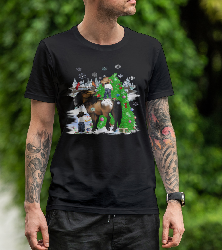 Holiday Cowboy Christmas Scene With Horse Snowflakes And Tree T-Shirt