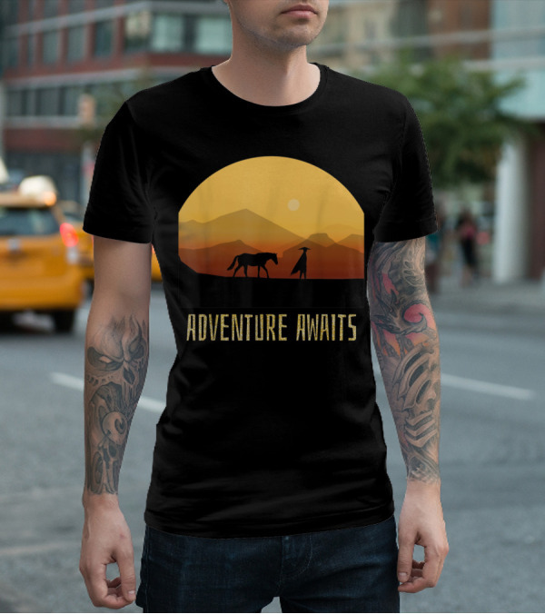 Adventure Awaits Sunset Man Horse Mountains T-Shirt