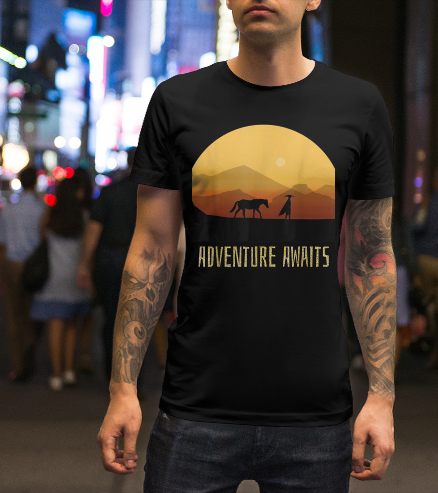 Adventure Awaits Sunset Man Horse Mountains T-Shirt