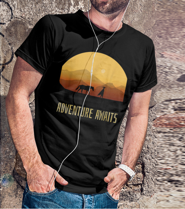 Adventure Awaits Sunset Man Horse Mountains T-Shirt