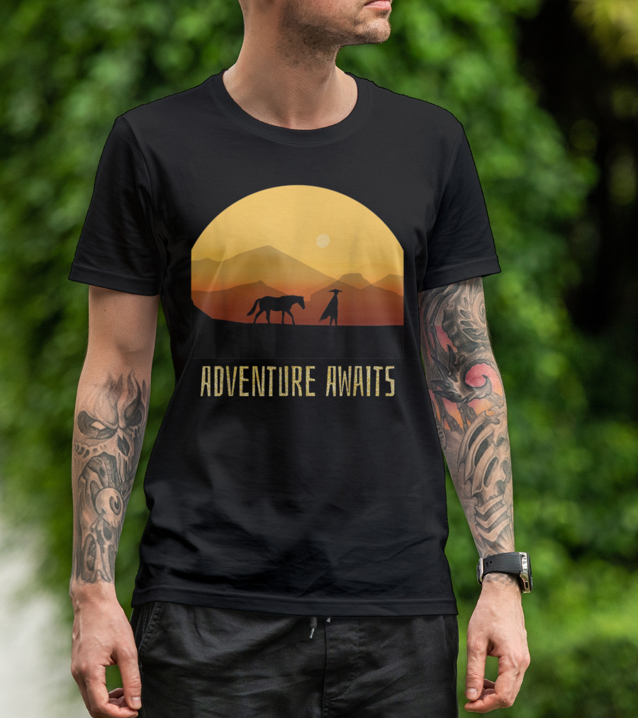 Adventure Awaits Sunset Man Horse Mountains T-Shirt