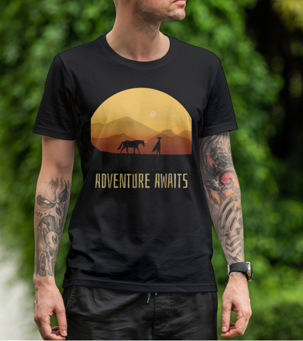 Adventure Awaits Sunset Man Horse Mountains T-Shirt