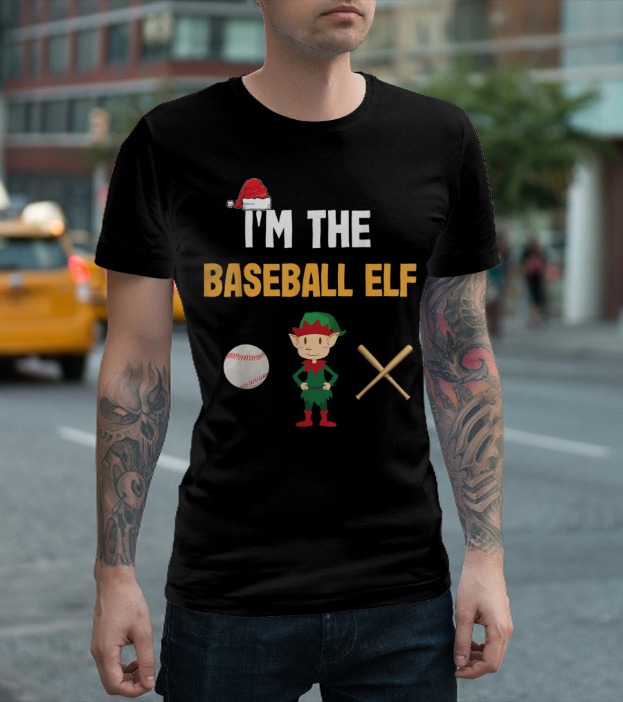 I'm The Baseball Elf Santa Hat Baseball Emoji Elf Bat Cross T-Shirt