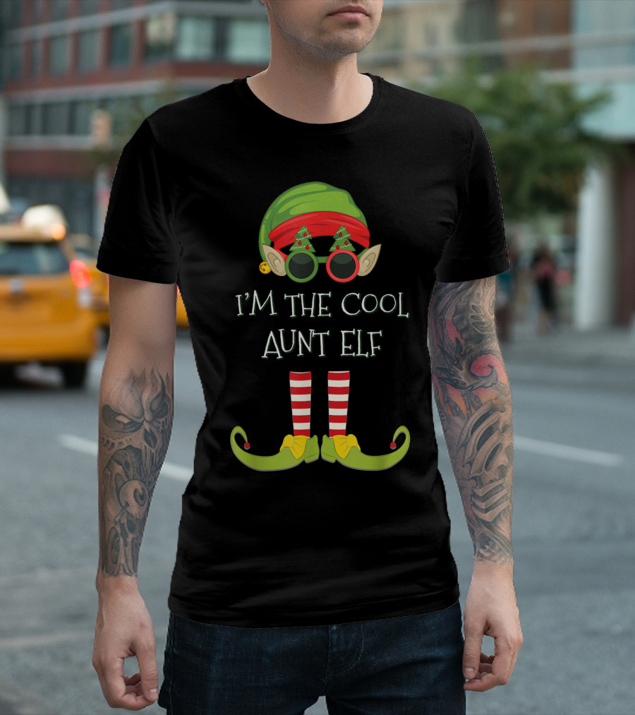 I'm The Cool Aunt Elf Christmas Costume Striped Stockings Green Hat Glasses T-Shirt