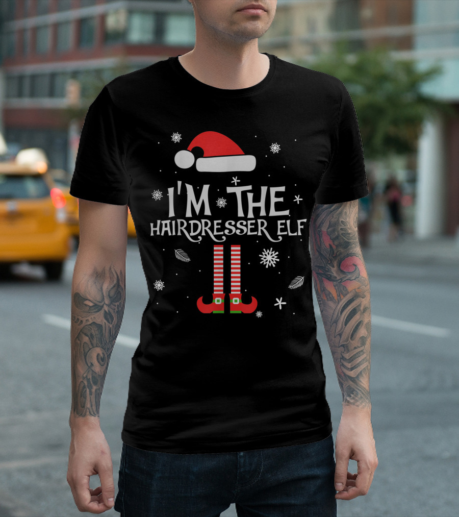 I'm The Hairdresser Elf Christmas Snowflakes And Santa Hat T-Shirt