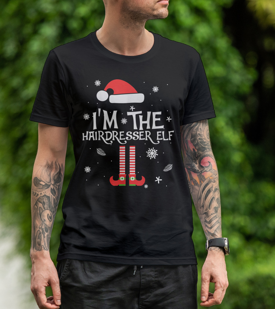 I'm The Hairdresser Elf Christmas Snowflakes And Santa Hat T-Shirt