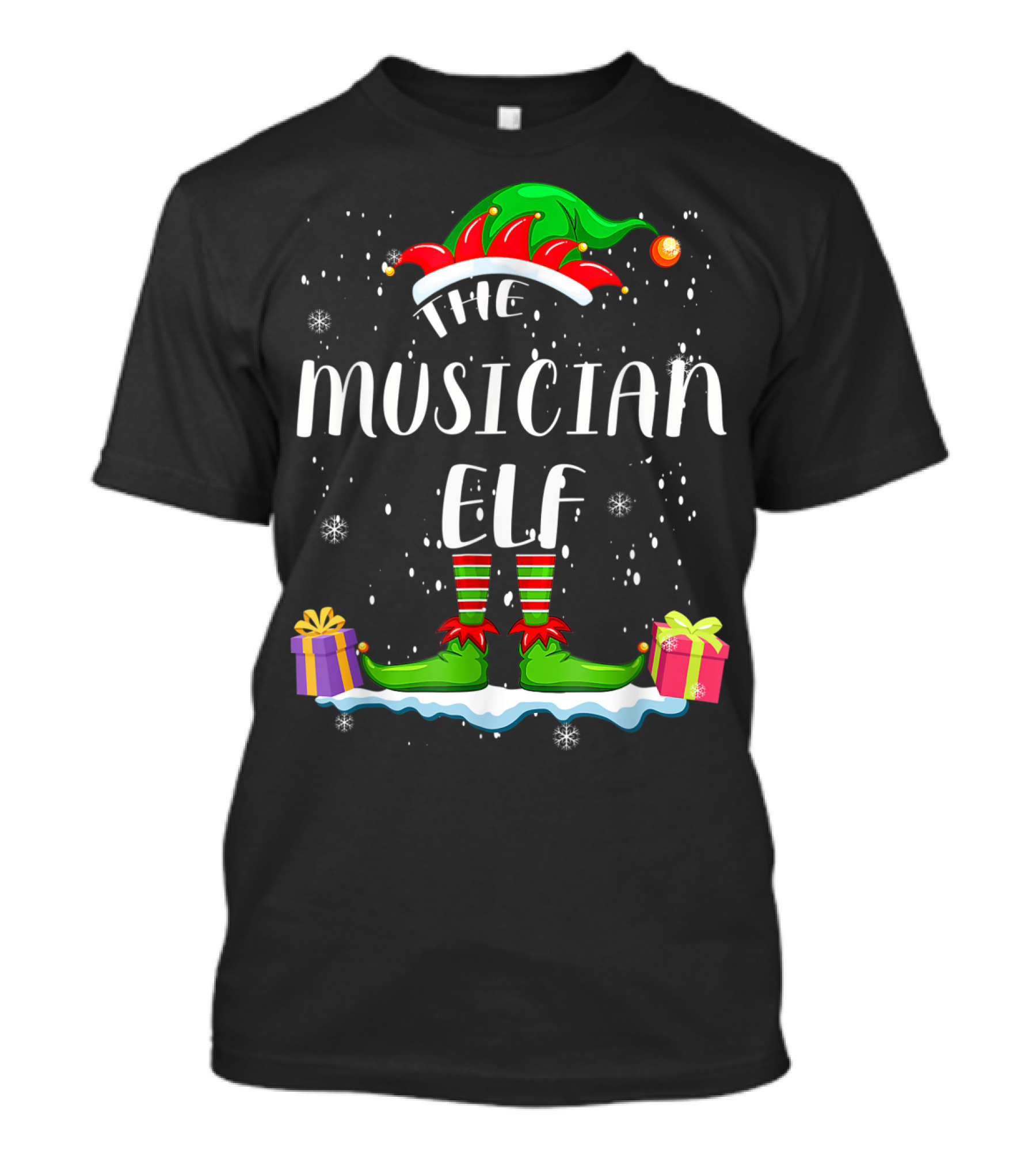 The Musician Elf Christmas Apparel With Festive Gifts And Snowflakes T-Shirt
