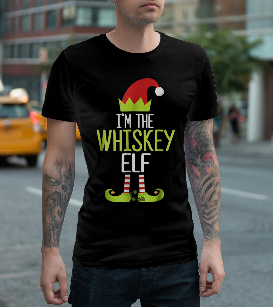 I'm The Whiskey Elf Christmas Family Elf Hat and Striped Shoes T-Shirt