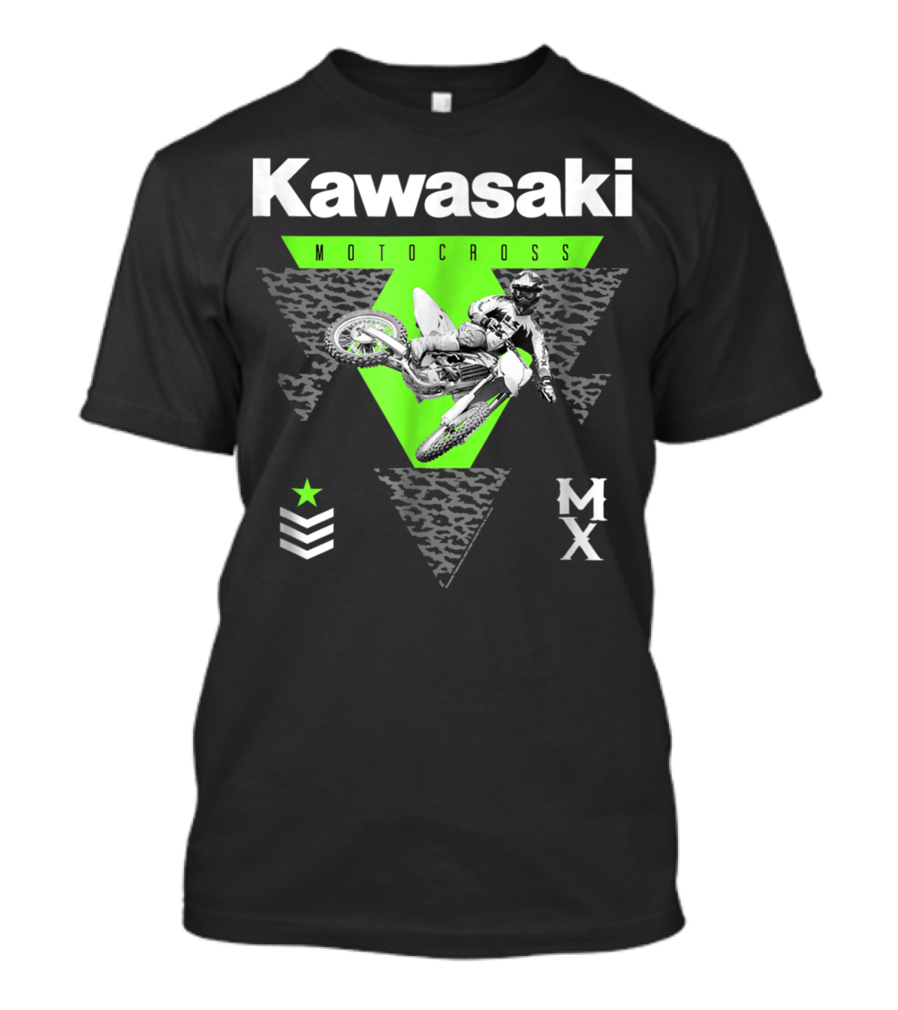 Kawasaki Motocross Classic Look 27272 MX Rider With Green Triangle And Chevron Star T-Shirt