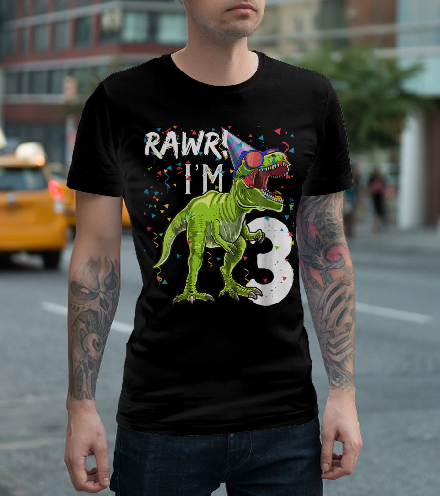 Rawr I'm 3 Dinosaur Birthday Party Hat Confetti T-Shirt
