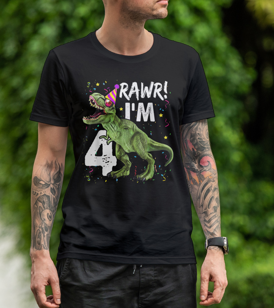 RAWR I'm 4 Dinosaur Birthday Party Hat T-Shirt
