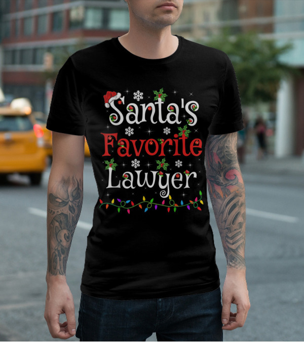 Santa's Favorite Lawyer Christmas Lights And Holly T-Shirt