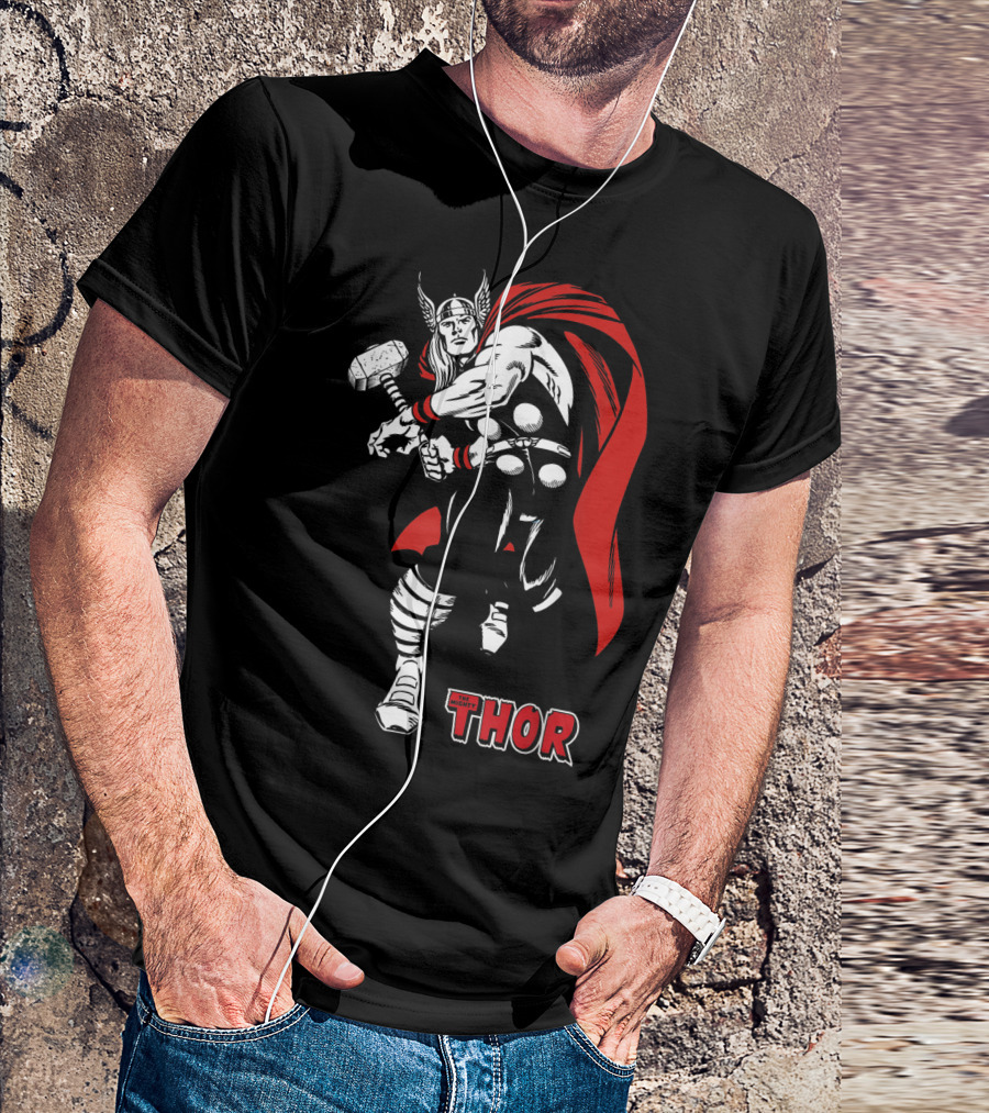 Marvel Comics Thor Mighty Hammer Swing Red Cape T-Shirt