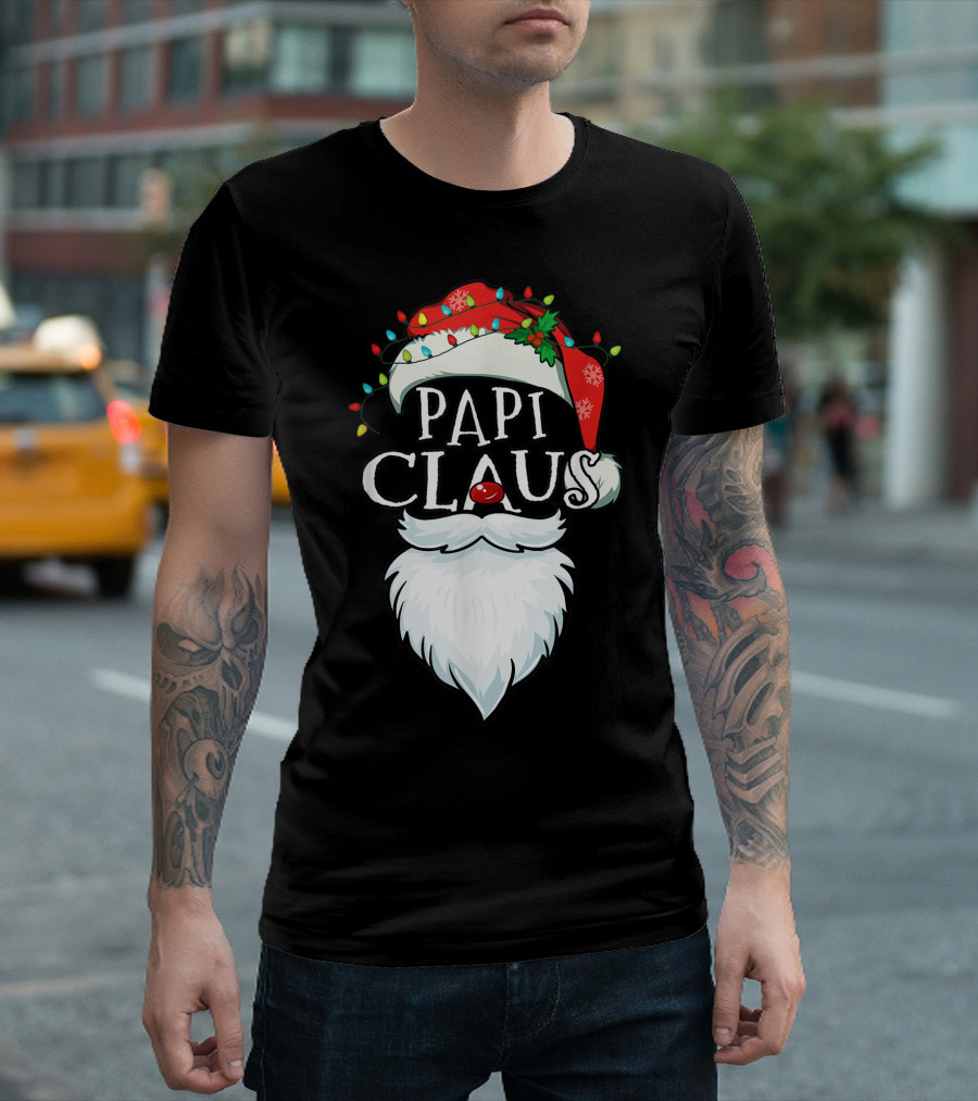 Mens Papi Claus Santa Hat Xmas Costume Family Beard Lights T-Shirt