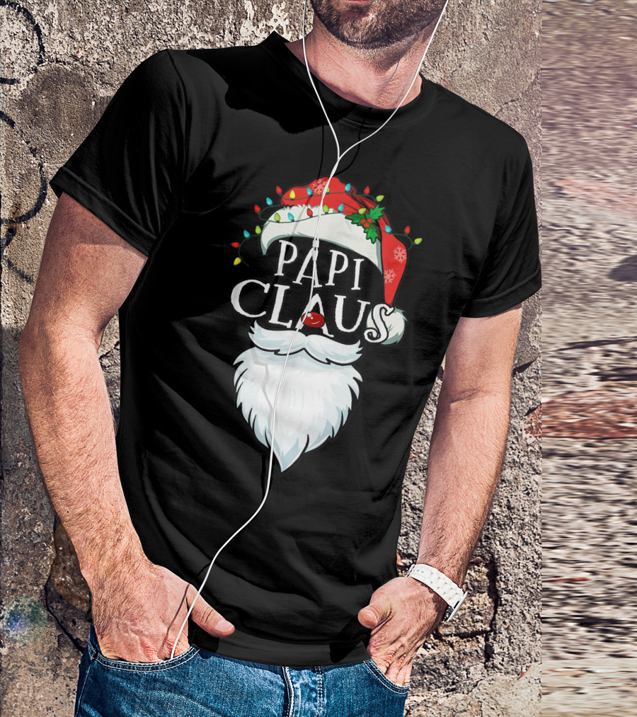 Mens Papi Claus Santa Hat Xmas Costume Family Beard Lights T-Shirt