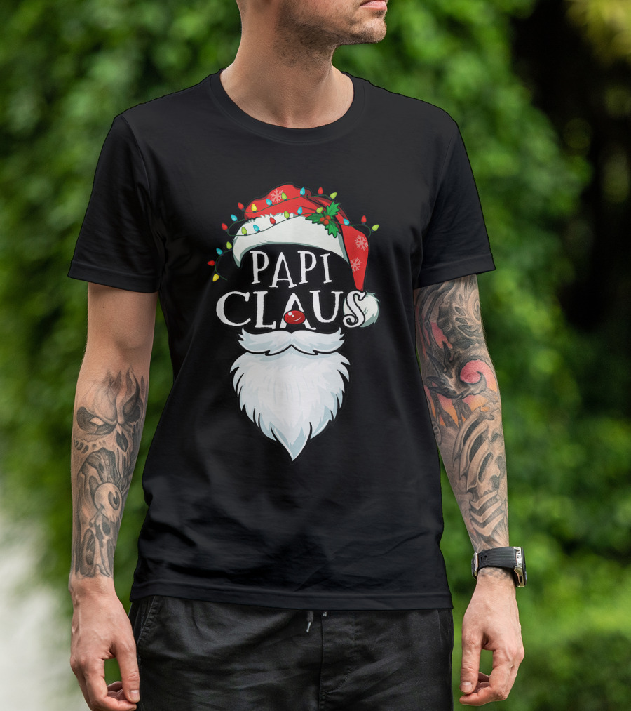 Mens Papi Claus Santa Hat Xmas Costume Family Beard Lights T-Shirt