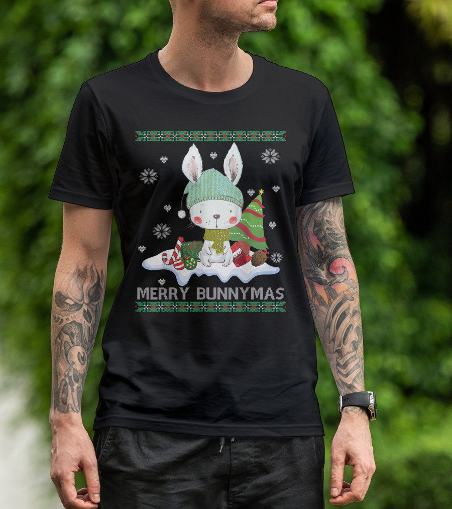 Merry Bunnymas Cute Bunny With Santa Hat And Christmas Tree T-Shirt