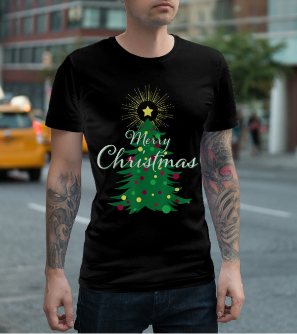 Merry Christmas Tree With Star And Colorful Ornaments For Family Party T-Shirt