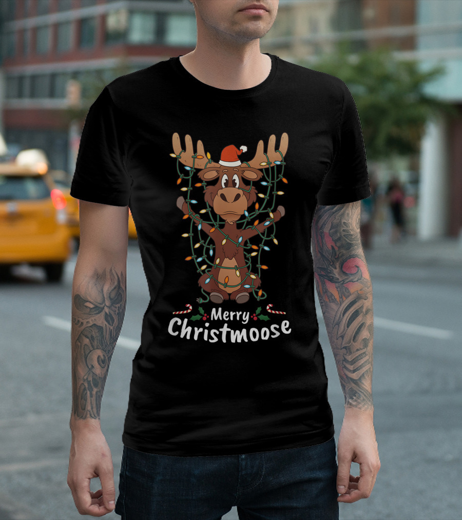 Merry Christmoose Christmas Moose Xmas Tree Lights Santa Hat T-Shirt