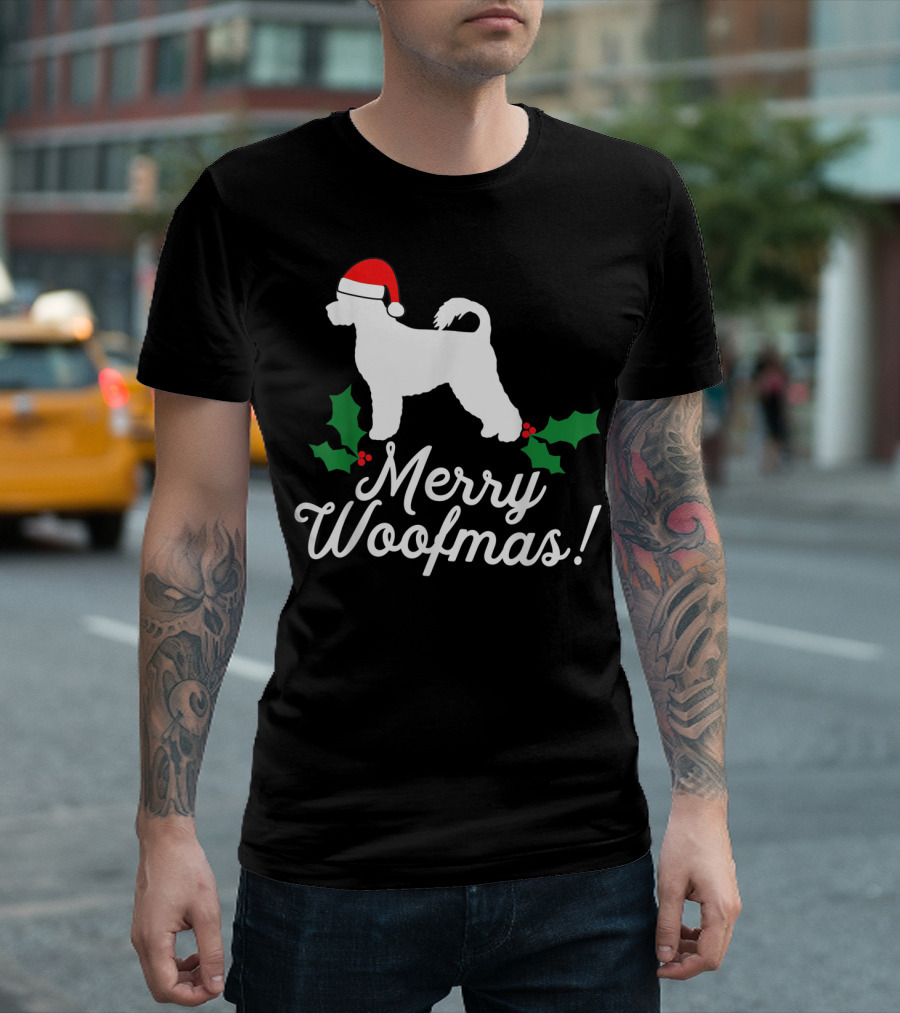 Merry Woofmas Portuguese Water Dog Santa Hat Holly T-Shirt