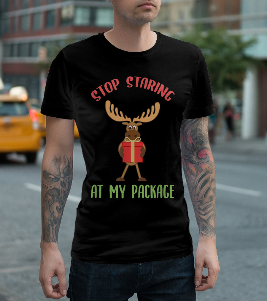 Stop Staring at My Package Funny Moose Christmas T-Shirt