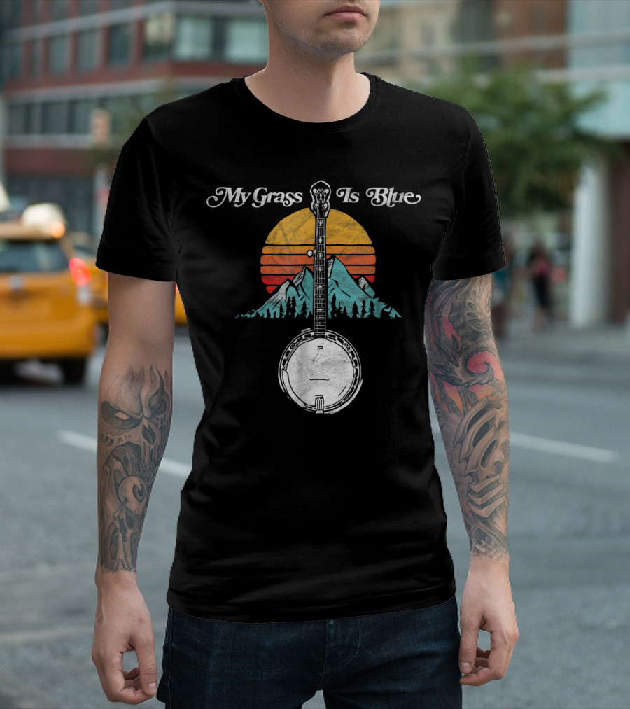 My Grass Is Blue Rocky Mountain Banjo Sunset Mountain Scene T-Shirt