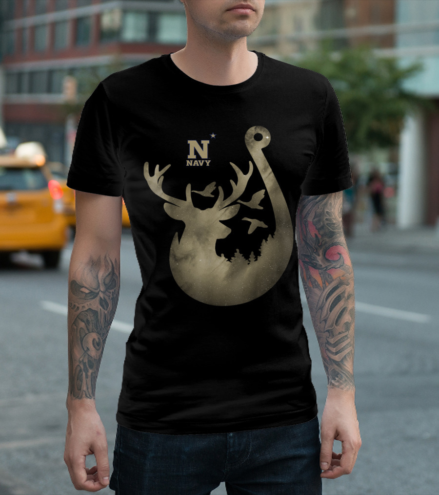 Navy Midshipmen Deer Galaxy Hook with Birds and Starry Sky T-Shirt