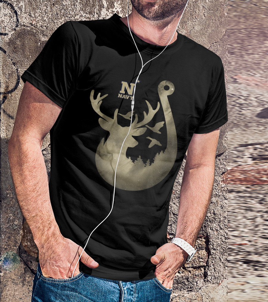 Navy Midshipmen Deer Galaxy Hook With Birds And Starry Sky T-Shirt