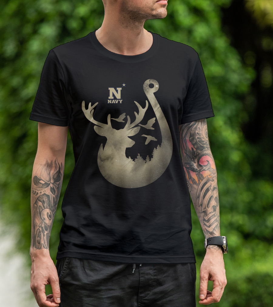 Navy Midshipmen Deer Galaxy Hook With Birds And Starry Sky T-Shirt