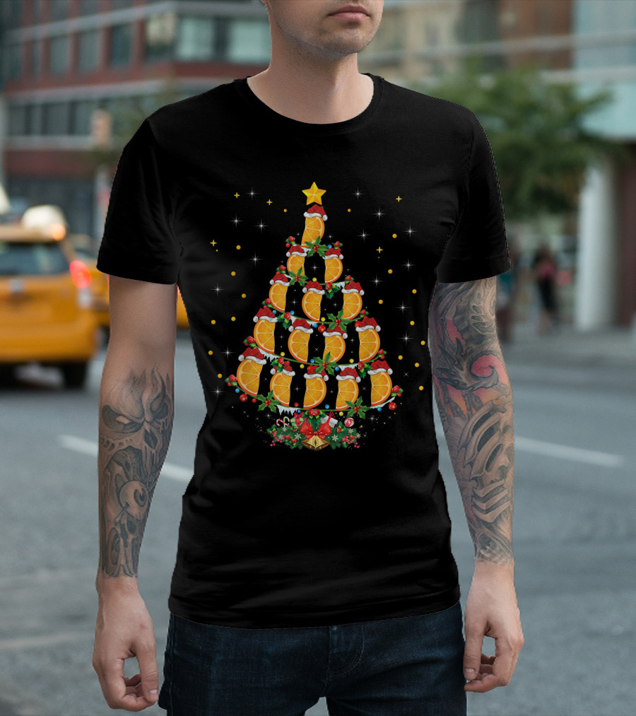 Orange Christmas Tree with Citrus Fruit and Santa Hats T-Shirt