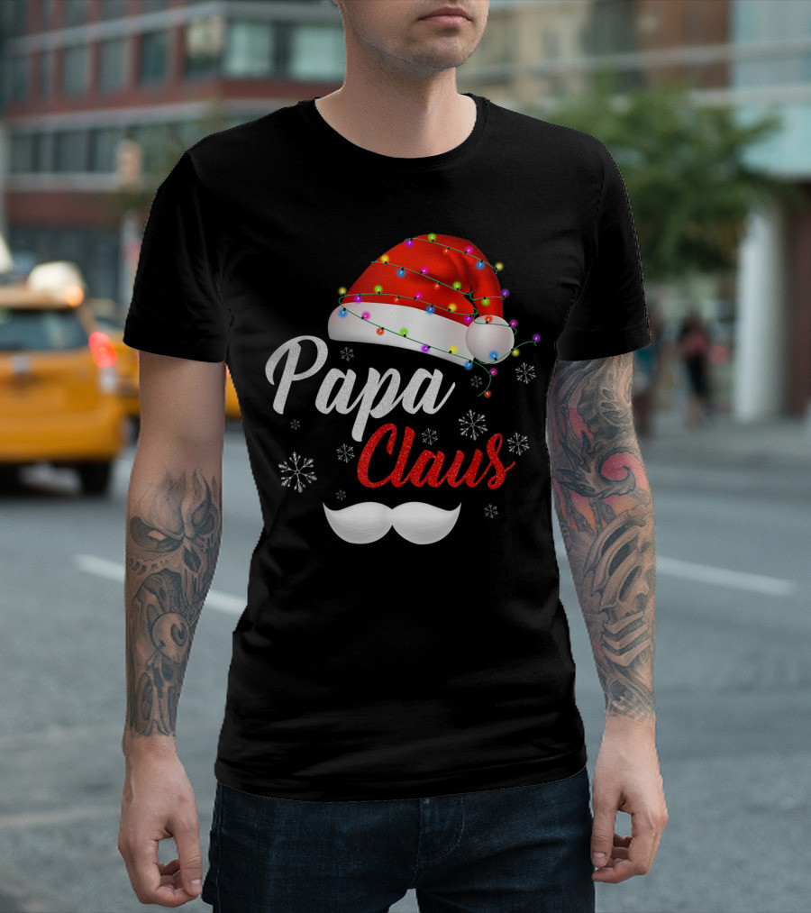 Papa Claus Santa Hat with Lights and Snowflakes T-Shirt