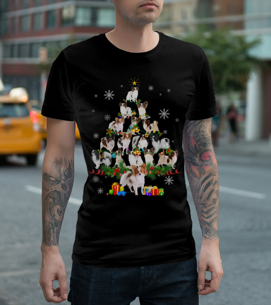 Papillon Dog Christmas Tree Lights with Snowflakes and Presents T-Shirt