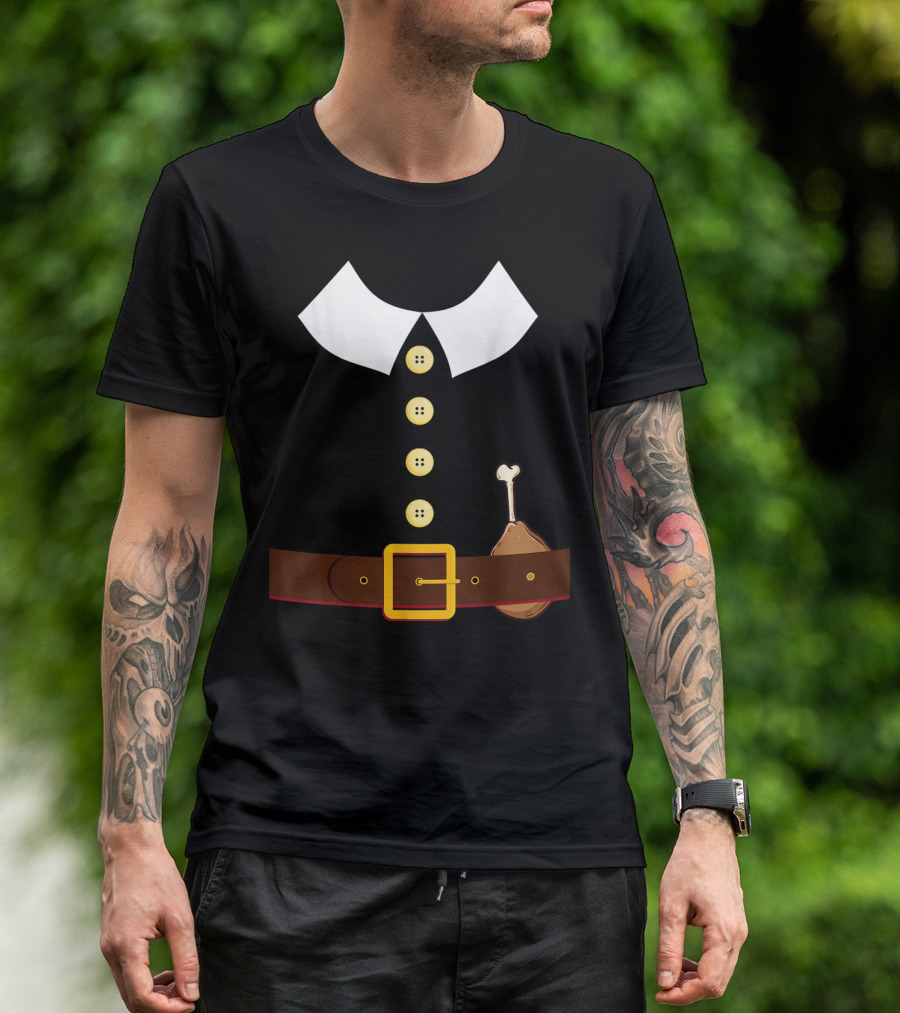Pilgrim Costume Black Collar Buttons Belt Chicken Leg Colonist T-Shirt