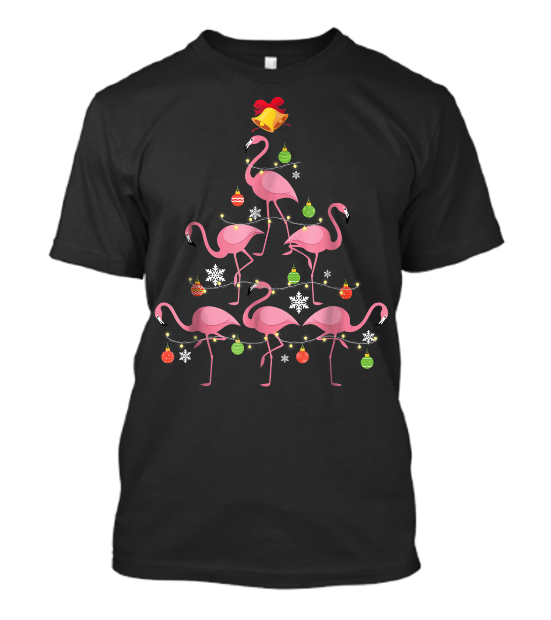 Pink Flamingo Christmas Tree Ornament Decor Snowflakes Festive Lights T-Shirt
